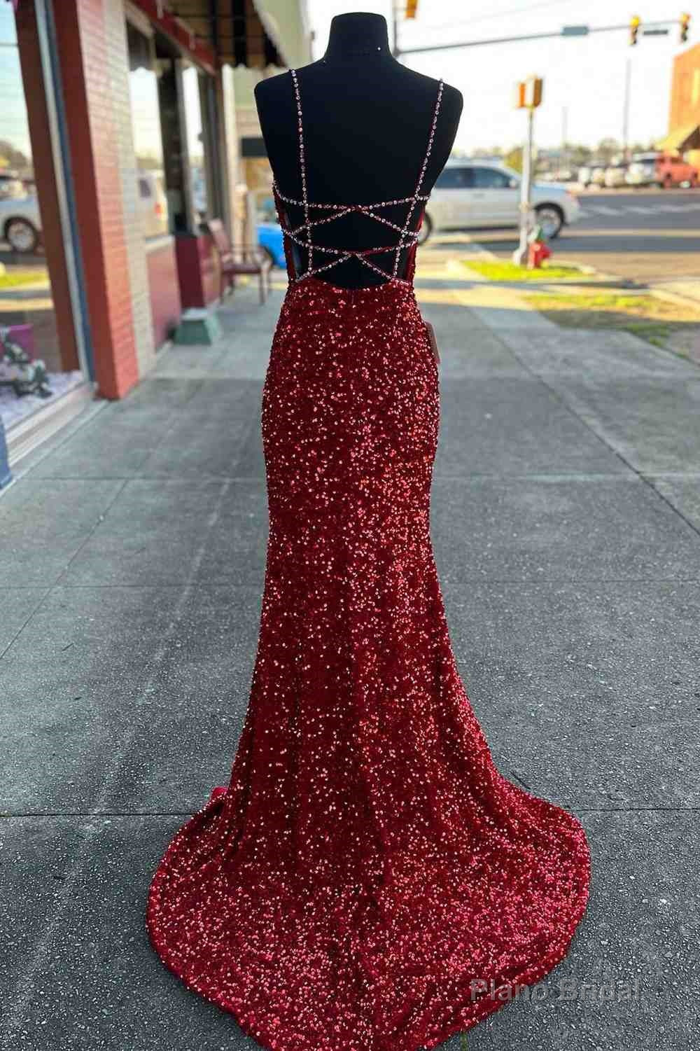 Beaded Straps Burgundy Sequins Mermaid Long Prom Dress,Evening Dresses Elegant