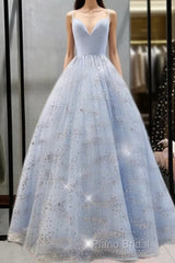 Beaded Tulle Formal Prom Dresses Ball Gown Plunge Neck