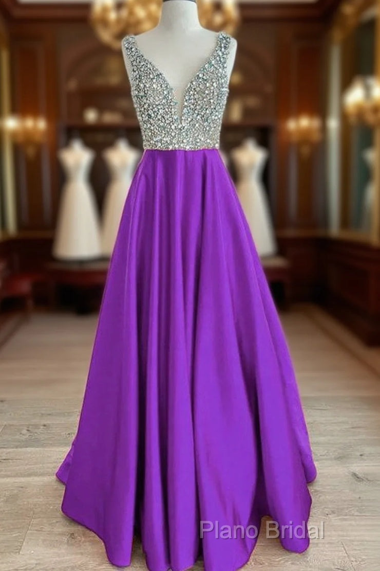 Beaded V Neck Long Satin Violet Formal Prom Dresses Main image
