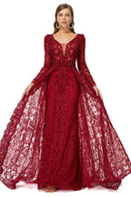 Beaded Wine Red Long V neck Sleeves Prom Dresses