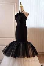 Beading Mermaid Black And White Halter Tulle Formal Prom Dresses