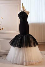 Beading Mermaid Black And White Halter Tulle Formal Prom Dresses