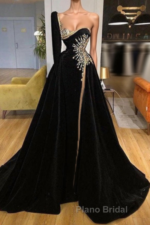 Beading Sweetheart A-line Black Formal Prom Dress With One Sleeve Main image