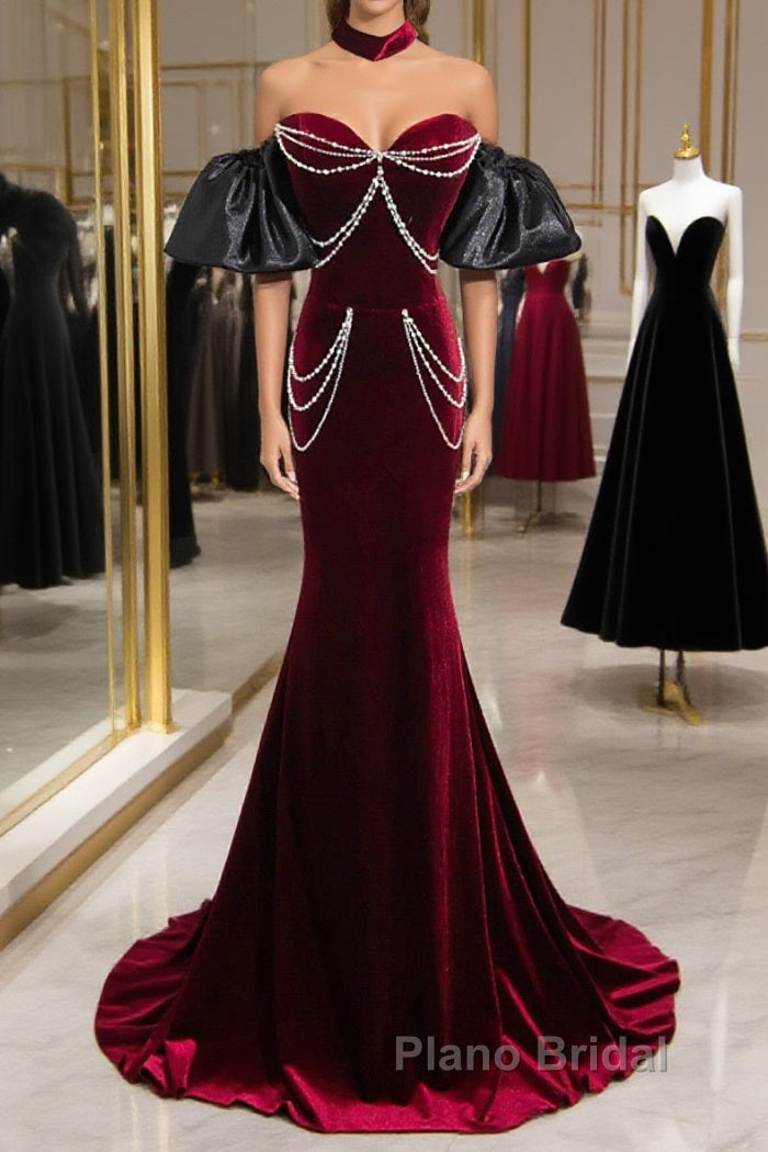 Beauiful Wine Red Off Shoulder Mermaid Long Formal Prom Dresses, Wine Red Party Dresses Main image