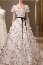 Beauitufl Floral V-Neck Lace Short Sleeve Flowers Long Formal Prom Dresses Floral Party Dresses Formal Prom Dresses shops