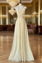 Beautiful A-Line Light Yellow Lace Strapless Formal Prom Dresses Cute Birthday Party Dresses