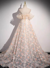 Beautiful A-Line Off Shoulder Flowers Lace Formal Dresses, Long Formal Prom Dresses