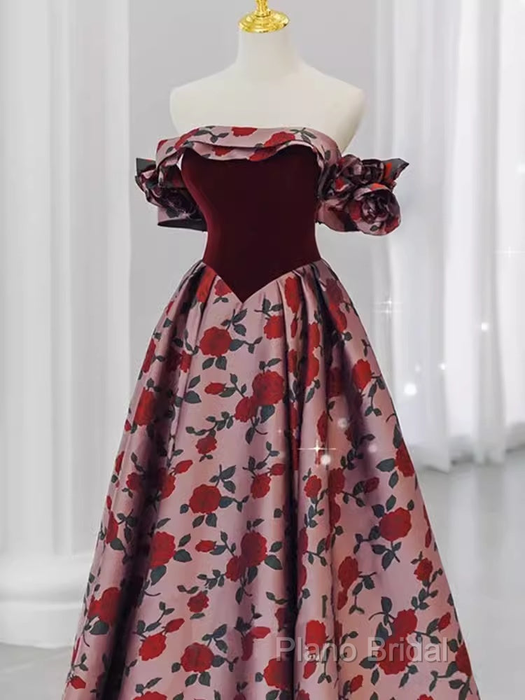 Beautiful A Line Off The Shoulder Long Floral Formal Prom Dresses