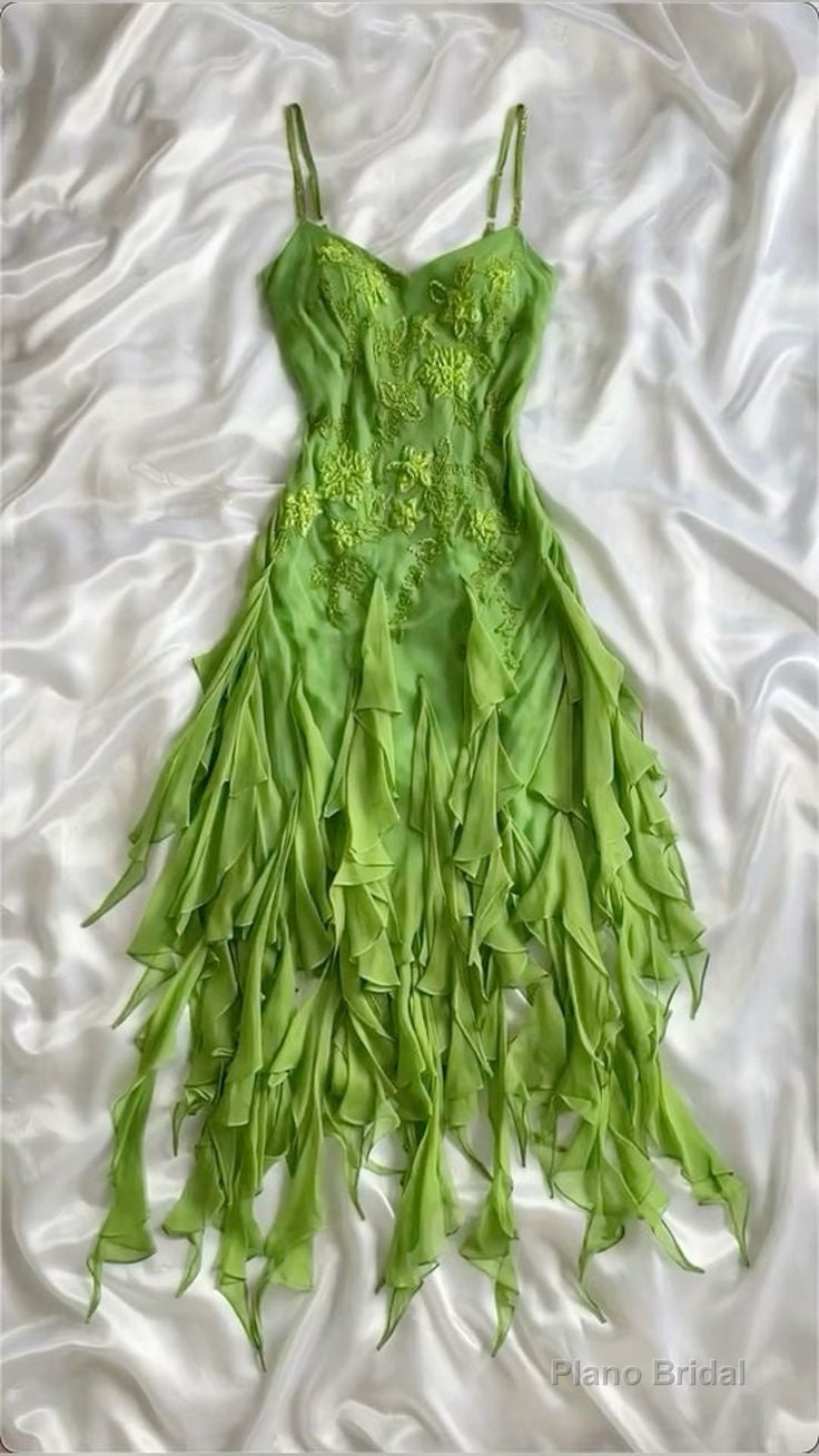 Beautiful A Line Spaghetti Straps Green Chiffon Prom Dress With Ruffles Main image