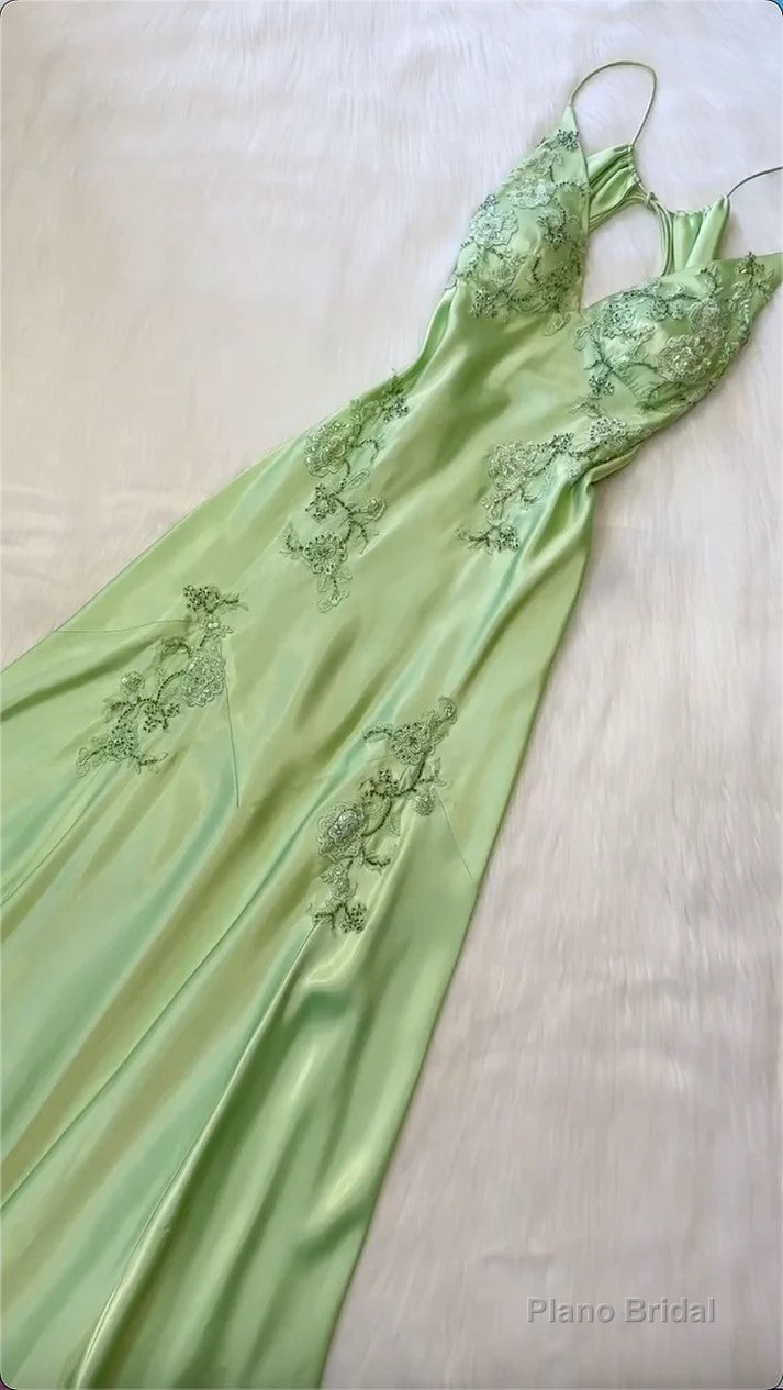 Beautiful A Line Spaghetti Straps Green Long Prom Dresses Backless Satin Evening Gowns