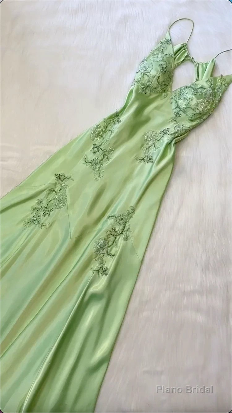 Beautiful A Line Spaghetti Straps Green Long Prom Dresses Backless Satin Evening Gowns Main image