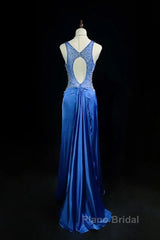 Beautiful Backless Beaded Satin Sheath Royal Blue Long Formal Prom Dresses Formal Evening Gown