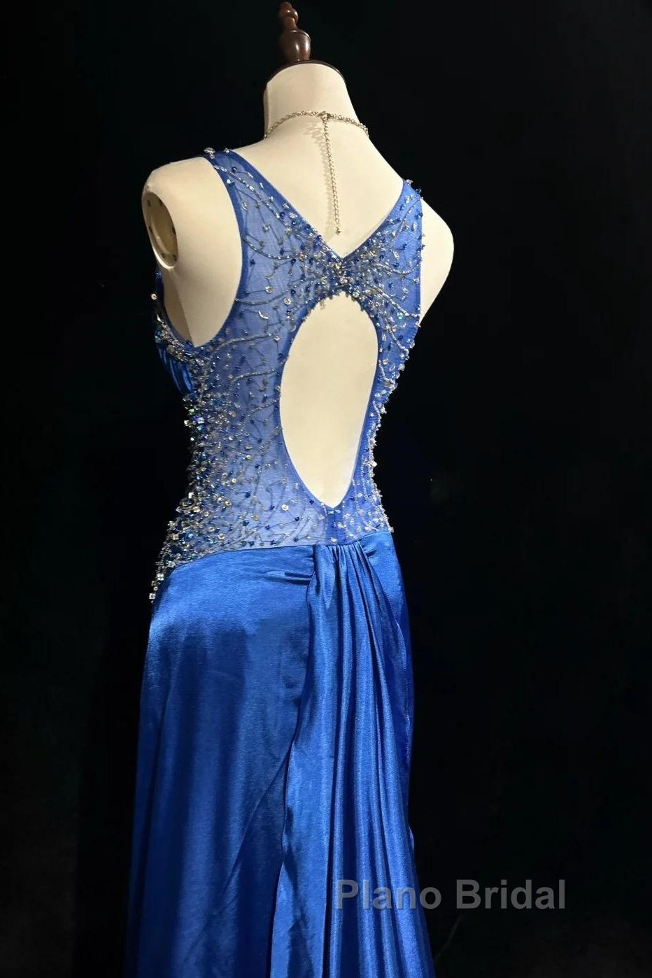 Beautiful Backless Beaded Satin Sheath Royal Blue Long Formal Prom Dresses Formal Evening Gown