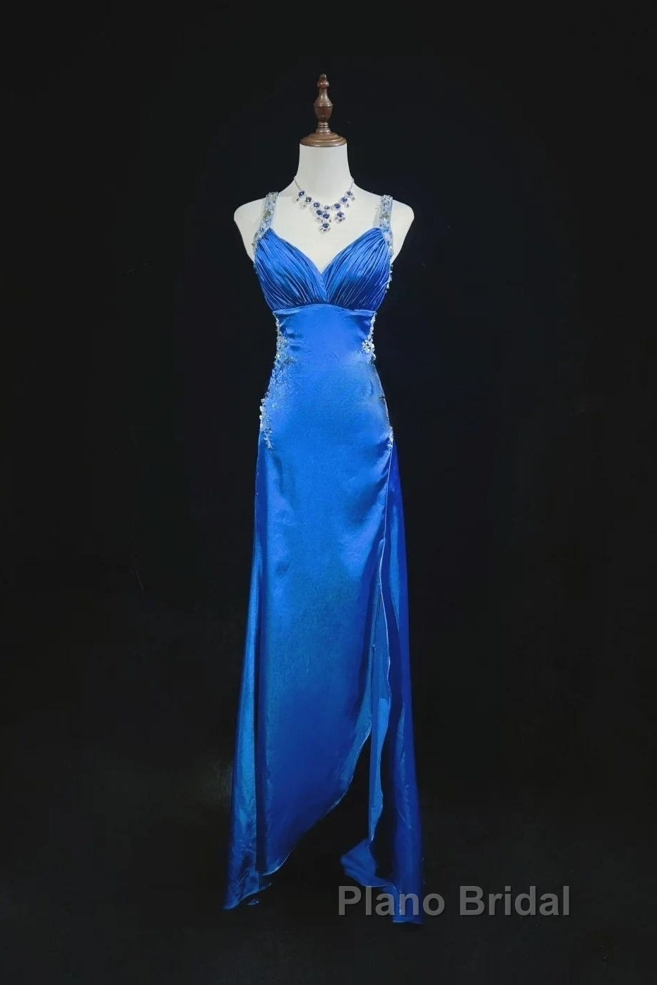 Beautiful Backless Beaded Satin Sheath Royal Blue Long Formal Prom Dresses Formal Evening Gown
