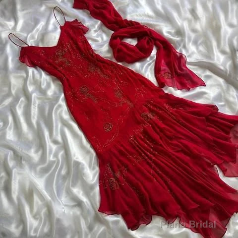 Beautiful Beaded Prom Dress Red Chiffon Mermaid Evening Dress Party Gown Main image