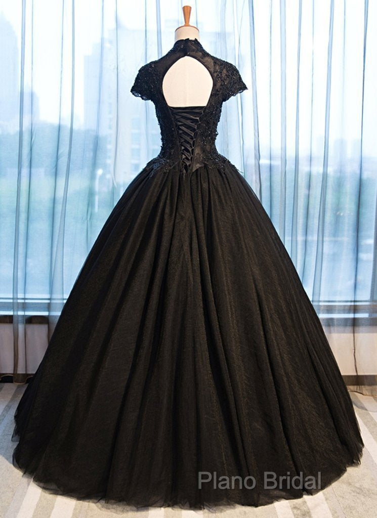 Beautiful Black Cap Sleeves Long Tulle Party Dresses, Black Formal Prom Dresses