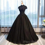 Beautiful Black Cap Sleeves Long Tulle Party Dresses, Black Formal Prom Dresses