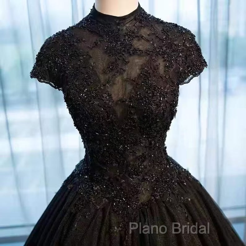 Beautiful Black Cap Sleeves Long Tulle Party Dresses, Black Formal Prom Dresses