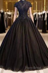 Beautiful Black Cap Sleeves Long Tulle Party Dresses, Black Formal Prom Dresses