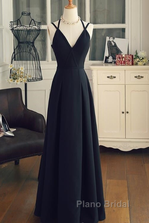 Beautiful Black Chiffon Straps Long A-Line Junior Formal Prom Dresses, Black Party Gowns