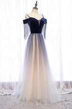 Beautiful Blue Gradient Tulle Long Party Dresses,A-Line Off Shoulder Formal Dresses
