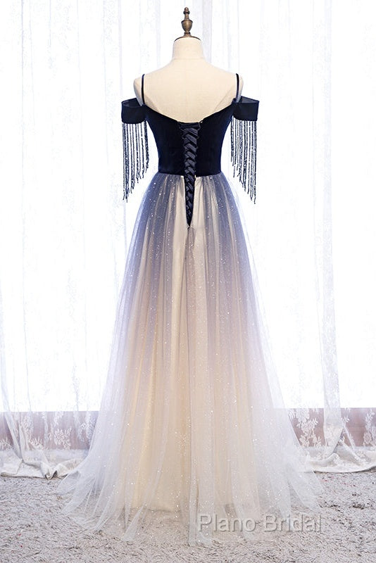 Beautiful Blue Gradient Tulle Long Party Dresses,A-Line Off Shoulder Formal Dresses
