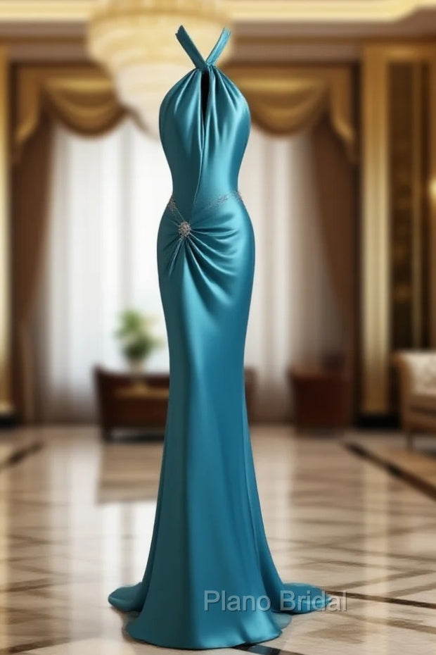 Beautiful Blue Halter Mermaid Backless Long Formal Prom Dresses Gorgeous Formal Evening Dresses Main image