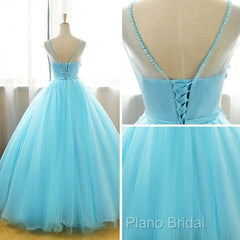 Beautiful Blue Round Long Party Dresses,Ball Gown Lace Applique Sweet 16 Dresses