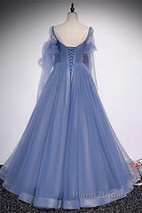 Beautiful Blue Tulle Beaded Long Formal Dresses Party Dresses, A-Line Wedding Party Dresses