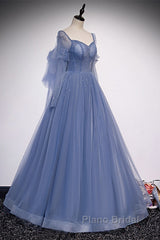 Beautiful Blue Tulle Beaded Long Formal Dresses Party Dresses, A-Line Wedding Party Dresses