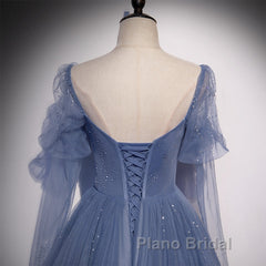 Beautiful Blue Tulle Beaded Long Formal Dresses Party Dresses, A-Line Wedding Party Dresses