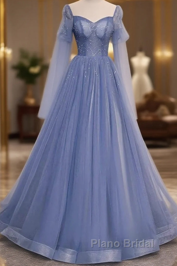 Beautiful Blue Tulle Beaded Long Formal Dresses Party Dresses, A-Line Wedding Party Dresses