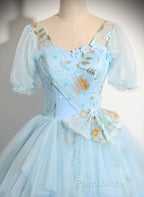 Beautiful Blue Tulle Short Sleeves Sweet 16 Dresses With Bow, Blue Formal Gown