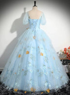 Beautiful Blue Tulle Short Sleeves Sweet 16 Dresses With Bow, Blue Formal Gown
