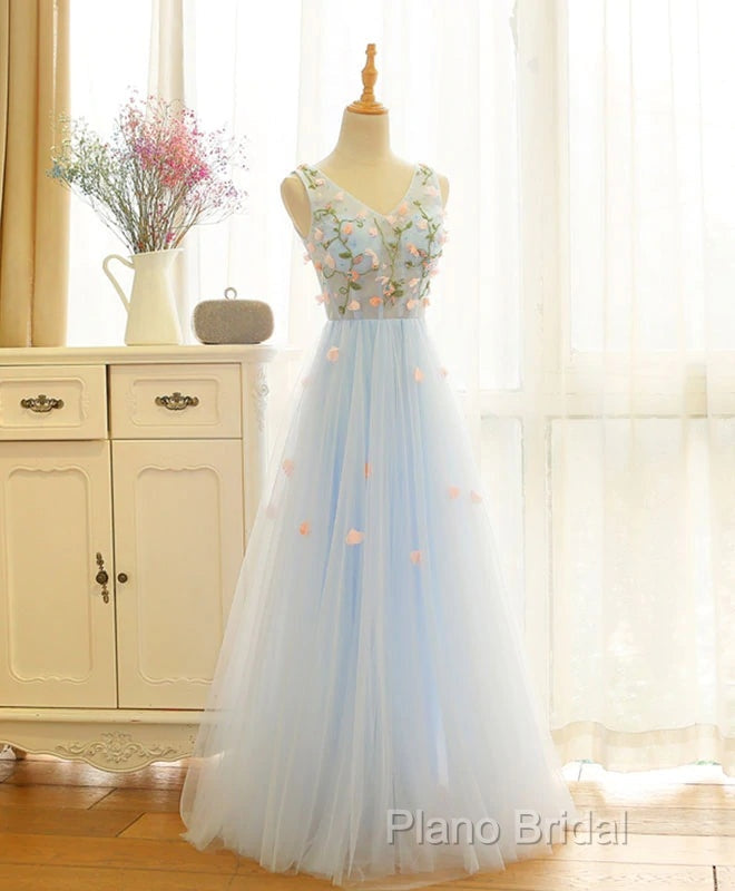 Beautiful Blue V-Neckline Floral Lace Tulle Party Dresses, A-Line Blue Formal Dresses Formal Prom Dresses Secondary image