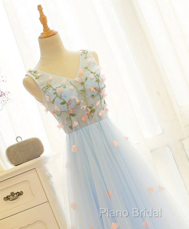 Beautiful Blue V-Neckline Floral Lace Tulle Party Dresses, A-Line Blue Formal Dresses Formal Prom Dresses