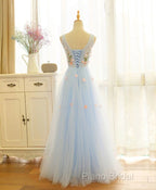 Beautiful Blue V-Neckline Floral Lace Tulle Party Dresses, A-Line Blue Formal Dresses Formal Prom Dresses