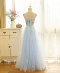Beautiful Blue V-Neckline Floral Lace Tulle Party Dresses, A-Line Blue Formal Dresses Formal Prom Dresses