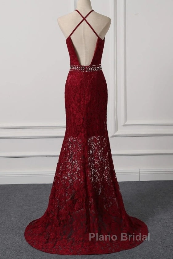 Beautiful Dark Red Lace Halter Beaded Evening Dresses, Mermaid Formal Prom Dresses Secondary image