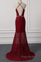 Beautiful Dark Red Lace Halter Beaded Evening Dresses, Mermaid Formal Prom Dresses
