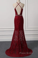 Beautiful Dark Red Lace Halter Beaded Evening Dresses, Mermaid Formal Prom Dresses