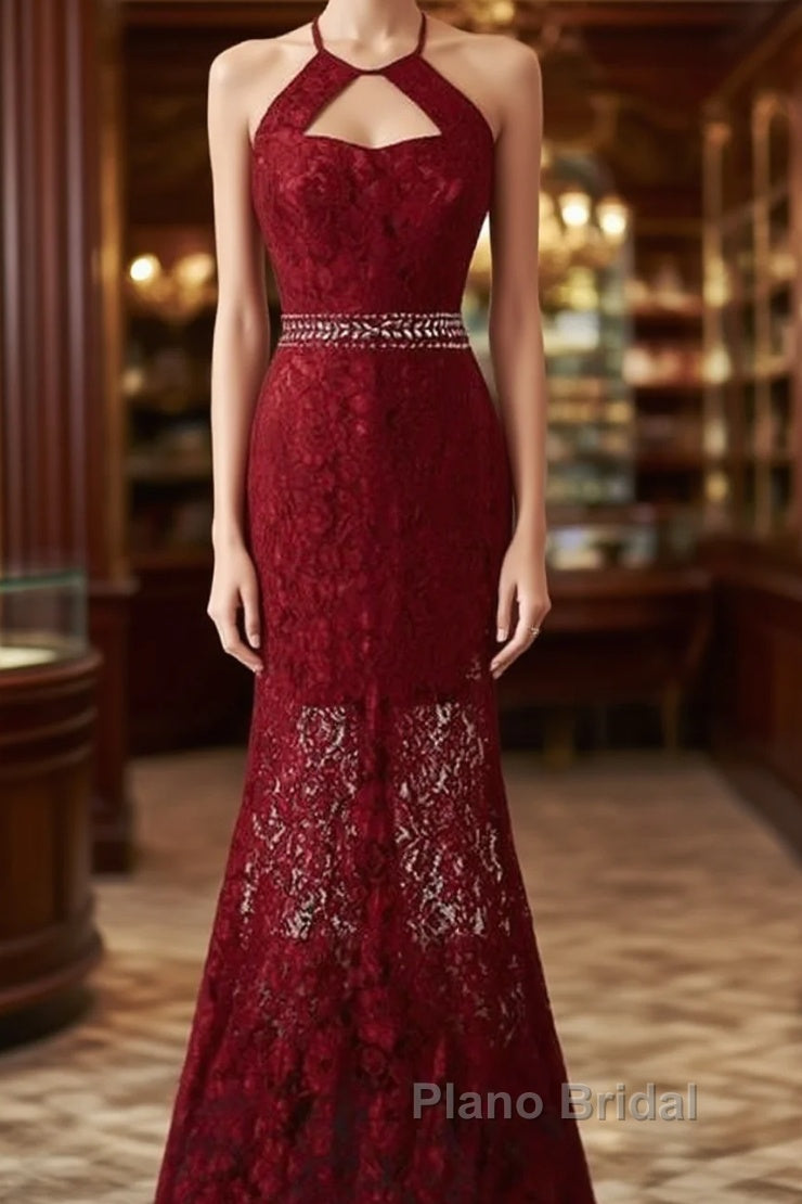 Beautiful Dark Red Lace Halter Beaded Evening Dresses, Mermaid Formal Prom Dresses Main image
