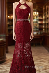 Beautiful Dark Red Lace Halter Beaded Evening Dresses, Mermaid Formal Prom Dresses