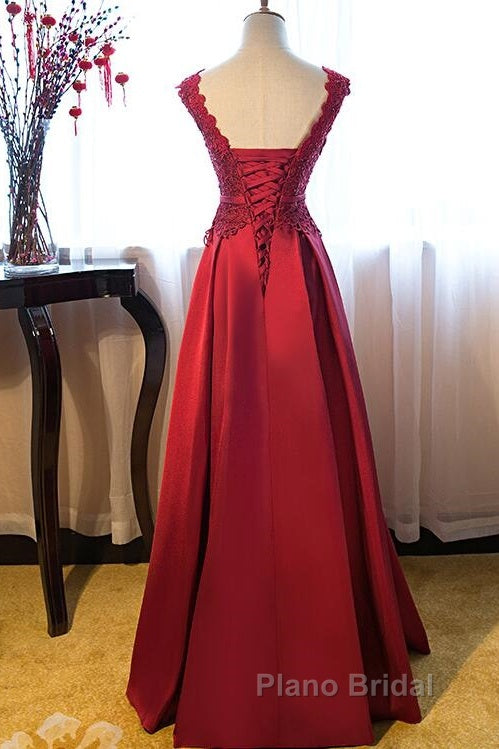 Beautiful Dark Red Lace Long Junior Formal Prom Dresses, Lace Top Party Dresses