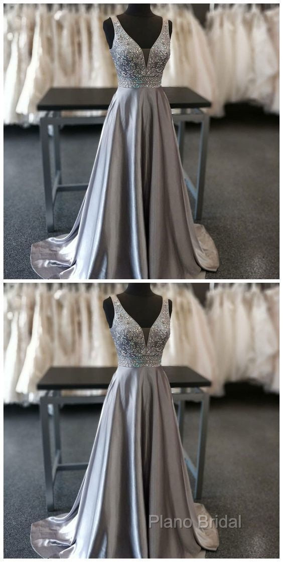 Beautiful Elegant Silver Grey Formal Prom Dresses,Beaded Formal Gowns,V Neck Formal Dresses,Special Occasion Dresses Secondary image