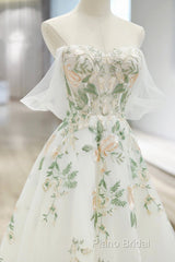 Beautiful Floral Lace Tulle Long Formal Prom Dresses, White Off The Shoulder Formal Party Dresses