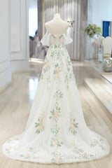 Beautiful Floral Lace Tulle Long Formal Prom Dresses, White Off The Shoulder Formal Party Dresses