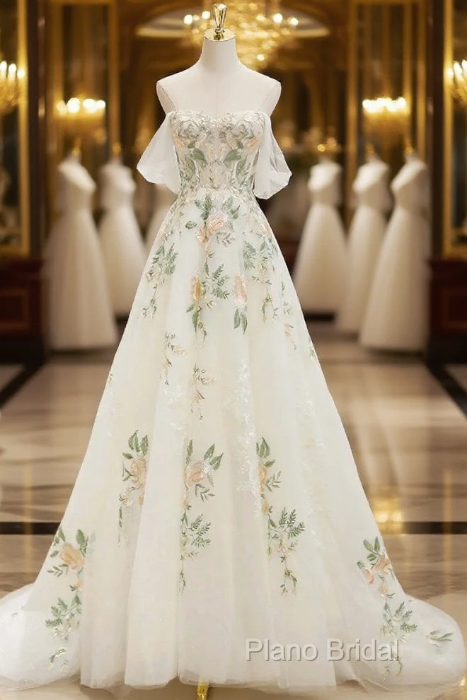 Beautiful Floral Lace Tulle Long Formal Prom Dresses, White Off The Shoulder Formal Party Dresses Main image