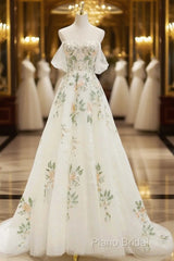 Beautiful Floral Lace Tulle Long Formal Prom Dresses, White Off The Shoulder Formal Party Dresses