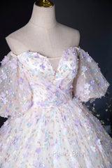 Beautiful Floral Tulle Pearl Sequins Formal Prom Dresses, A-Line Puffy Short Sleeve Evening Party Dresses